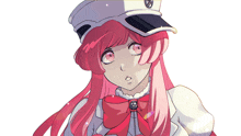 a drawing of a girl with pink hair wearing a white hat