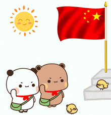 a couple of cartoon bears standing in front of a chinese flag