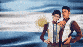 two men standing in front of a flag with the sun on it