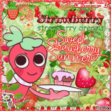 a picture of a strawberry holding a plate with a cupcake on it