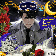 a man wearing a sleep mask is surrounded by cats and flowers