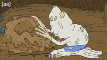 a cartoon of a man kneeling in the dirt with the words hello below him