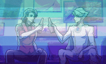 two anime characters toasting with bottles of beer