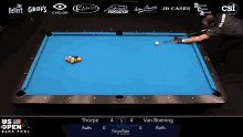 a pool table with the us open bank pool championship on the screen