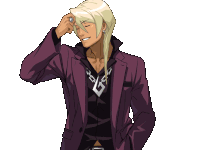 a man in a purple suit has a necklace with a g on it