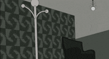 a black and white cartoon of a cat standing in front of a checkered wall
