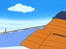 a cartoon character wearing a purple hat and orange jacket