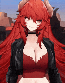 a woman with long red hair and horns is wearing a red top and a black jacket