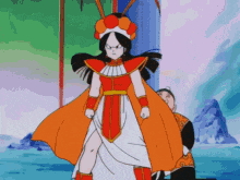 a cartoon of a woman in a red and white dress standing next to a man