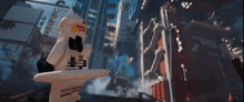 a lego figure is standing in front of a building that has the word ninjago on it