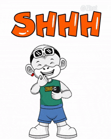 a cartoon character covering his mouth with his hand and the word shhh above him
