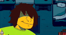 a pixel art of a person with a yellow shirt and brown hair