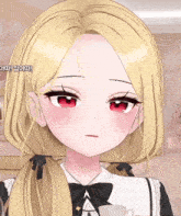 a girl with blonde hair and red eyes is wearing a white dress