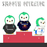three penguins on a podium with the words smooth operator written above them