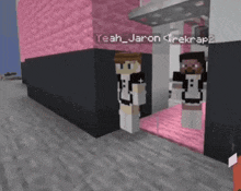 two minecraft characters standing in front of a pink building with yeah jaron written on the bottom