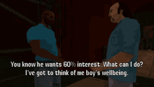 a screenshot of a video game shows a man talking to two other men