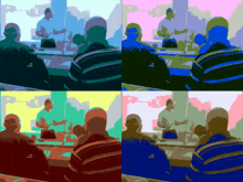 four different colored images of people sitting in a classroom