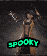 a video game character with the word spooky behind her