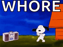 a cartoon of snoopy dancing in front of a boombox with the word whore on it