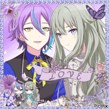 a couple of anime characters standing next to each other with a banner that says love on it