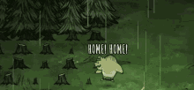 a cartoon bear is standing in the middle of a forest surrounded by trees stump .