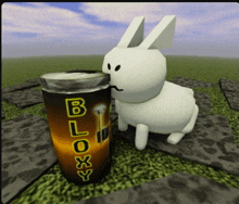 a cartoon rabbit is drinking a can of bloxy