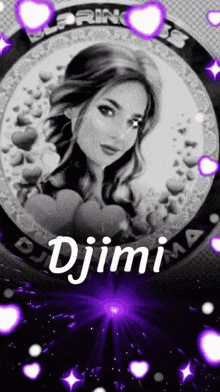 a black and white photo of a woman with the name djimi on the bottom