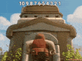 a cartoon character is standing in front of a building with the number 10987654321 written on it