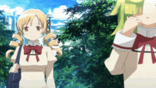 a girl with blonde hair and a red bow in her hair is standing next to another girl with green hair