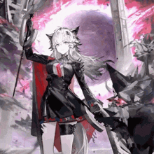 a girl with white hair and a wolf ear is holding a sword