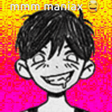 a black and white drawing of a boy with a smiley face on a pink and yellow background .