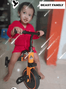 a little girl is riding a tricycle with the words beast family above her