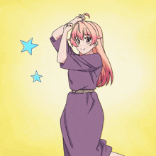a girl in a purple dress is surrounded by blue stars and the words " は どう も " in red