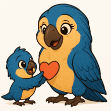 a cartoon drawing of two birds holding a red heart