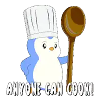 a penguin wearing a chef 's hat is holding a wooden spoon with the words " anyone can cook " below it