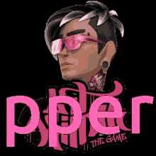 a man wearing pink sunglasses and the word ppier in pink