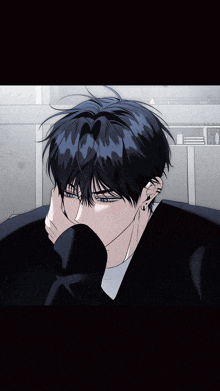 a close up of a man with blue hair