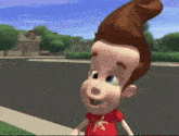 a cartoon character with a big head and a red shirt with an x on it
