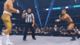 two men are wrestling in a wrestling ring with a referee in the middle .
