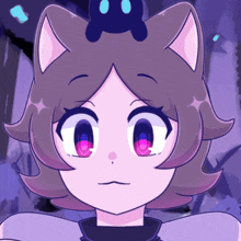 a drawing of a girl with purple eyes and a skull on her head