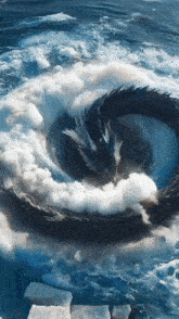 a painting of a dragon surrounded by clouds and water