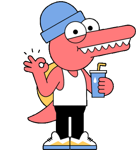Pink Dinosaur Says Okay With Hand Sticker - Skater Dinos Big Eyes Blue Hat Stickers