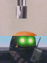 a cartoon character with green eyes is holding a cellphone
