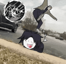 a black and white drawing of a person riding a skateboard with a circle in the background that says r on it