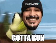 a man wearing a hat that says multivers on it is smiling and saying gotta run