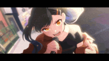 a cartoon girl is singing into a microphone