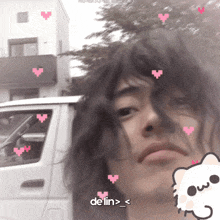 a picture of a man with hearts on his face and the words delin > <