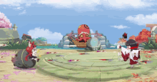 a group of cartoon characters are standing around a circle in front of a boat
