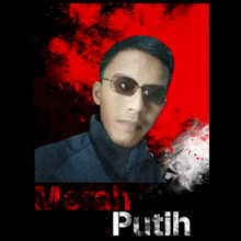 a man wearing sunglasses stands in front of a red background and the word putih