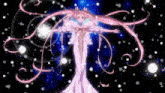 a woman in a pink dress is standing in the middle of a galaxy